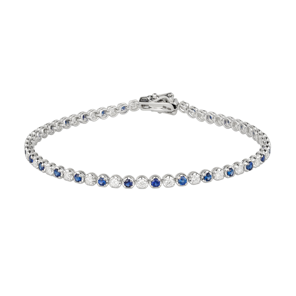 Lab Grown Diamond & Blue Sapphire Tennis Bracelet (1 CT Diamond, 1.33 CT Sapphire) in 10K/14K/18K Gold – Bezel Set – 7 Inch