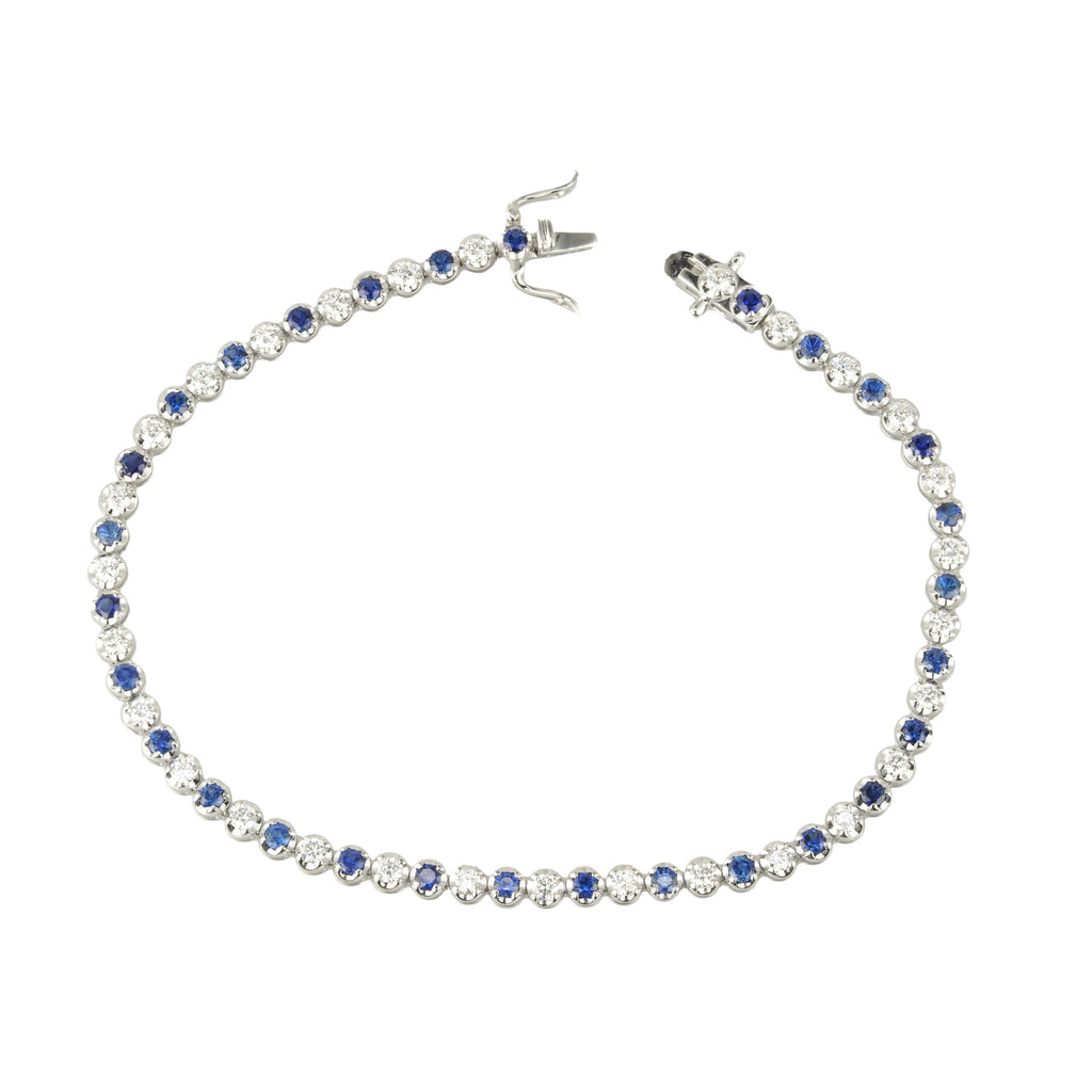 Lab Grown Diamond & Blue Sapphire Tennis Bracelet (1 CT Diamond, 1.33 CT Sapphire) in 10K/14K/18K Gold – Bezel Set – 7 Inch