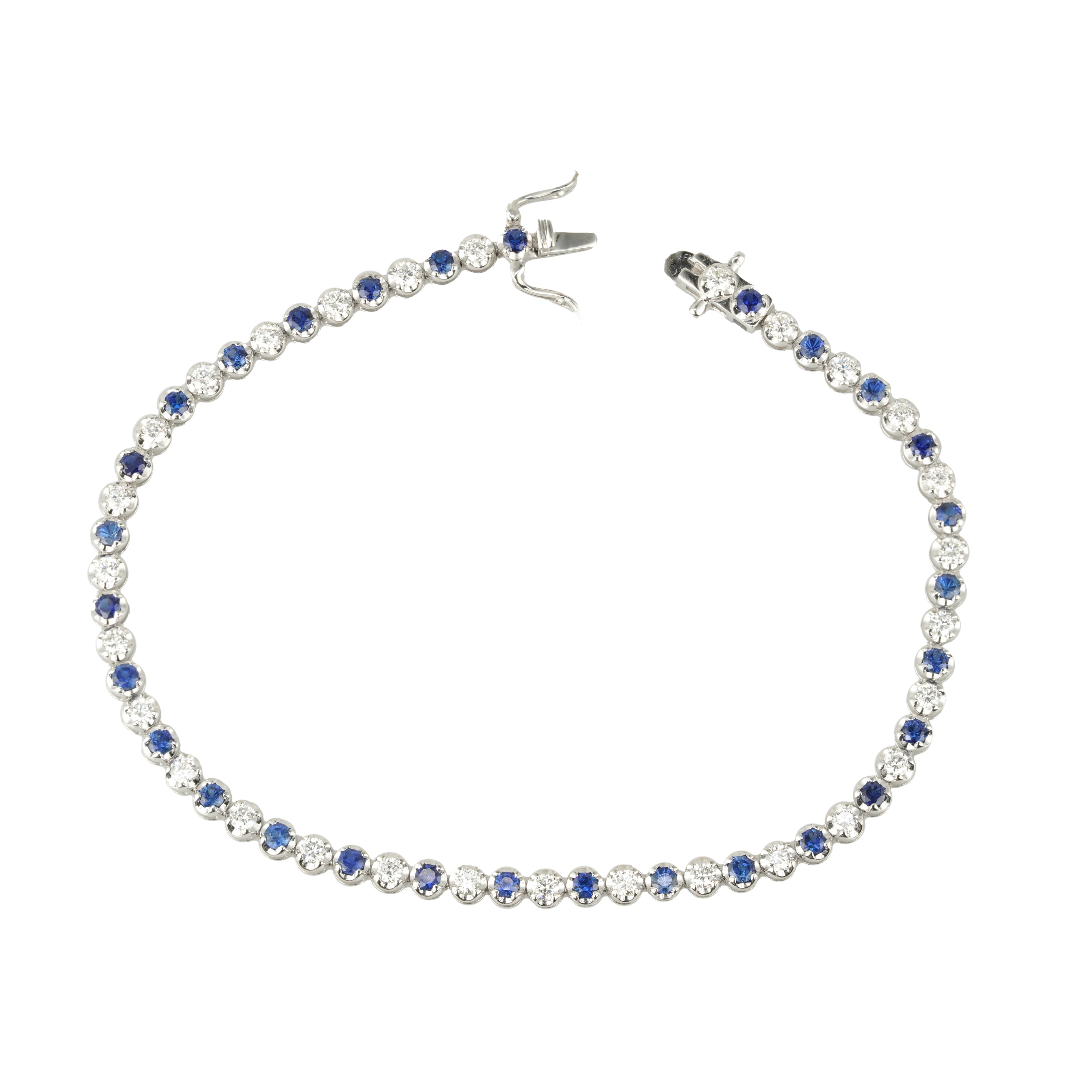 Lab Grown Diamond & Blue Sapphire Tennis Bracelet (1 CT Diamond, 1.33 CT Sapphire) in 10K/14K/18K Gold – Bezel Set – 7 Inch