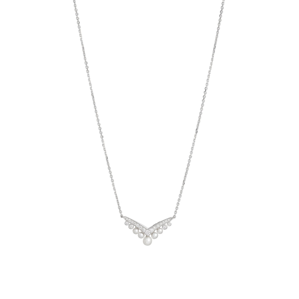 Lab Grown Diamond & Pearl V Shape Necklace (0.23 CT) in 10K/14K/18K Gold – Elegant Diamond Pearl Pendant