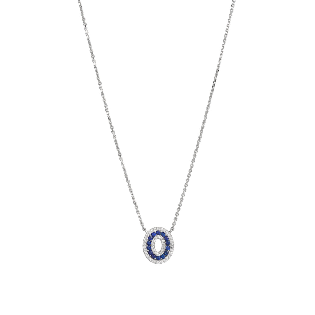 Lab Grown Diamond & Blue Sapphire Double Halo Oval Pendant Necklace (0.22 CT) in 10K/14K/18K Gold