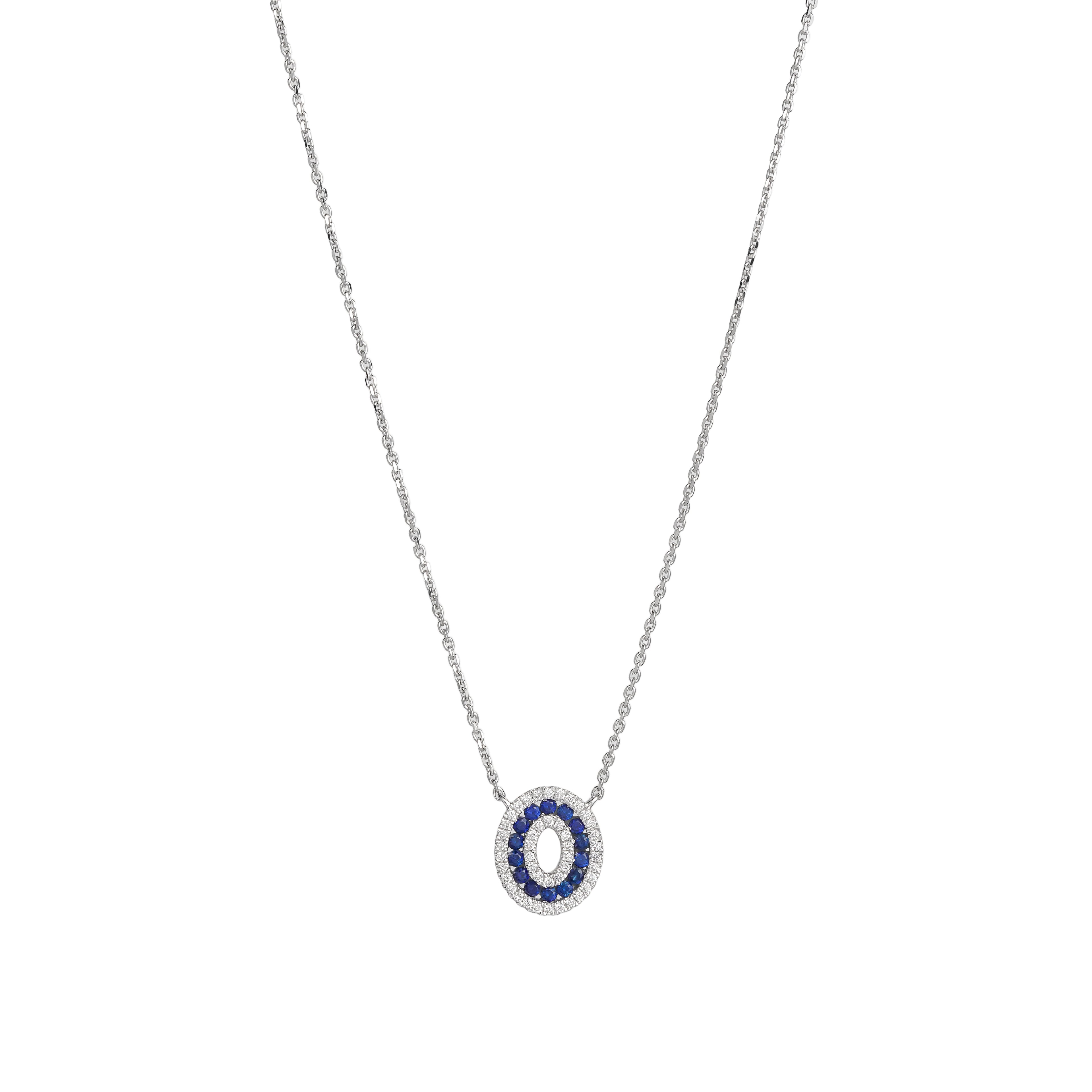 Lab Grown Diamond & Blue Sapphire Double Halo Oval Pendant Necklace (0.22 CT) in 10K/14K/18K Gold