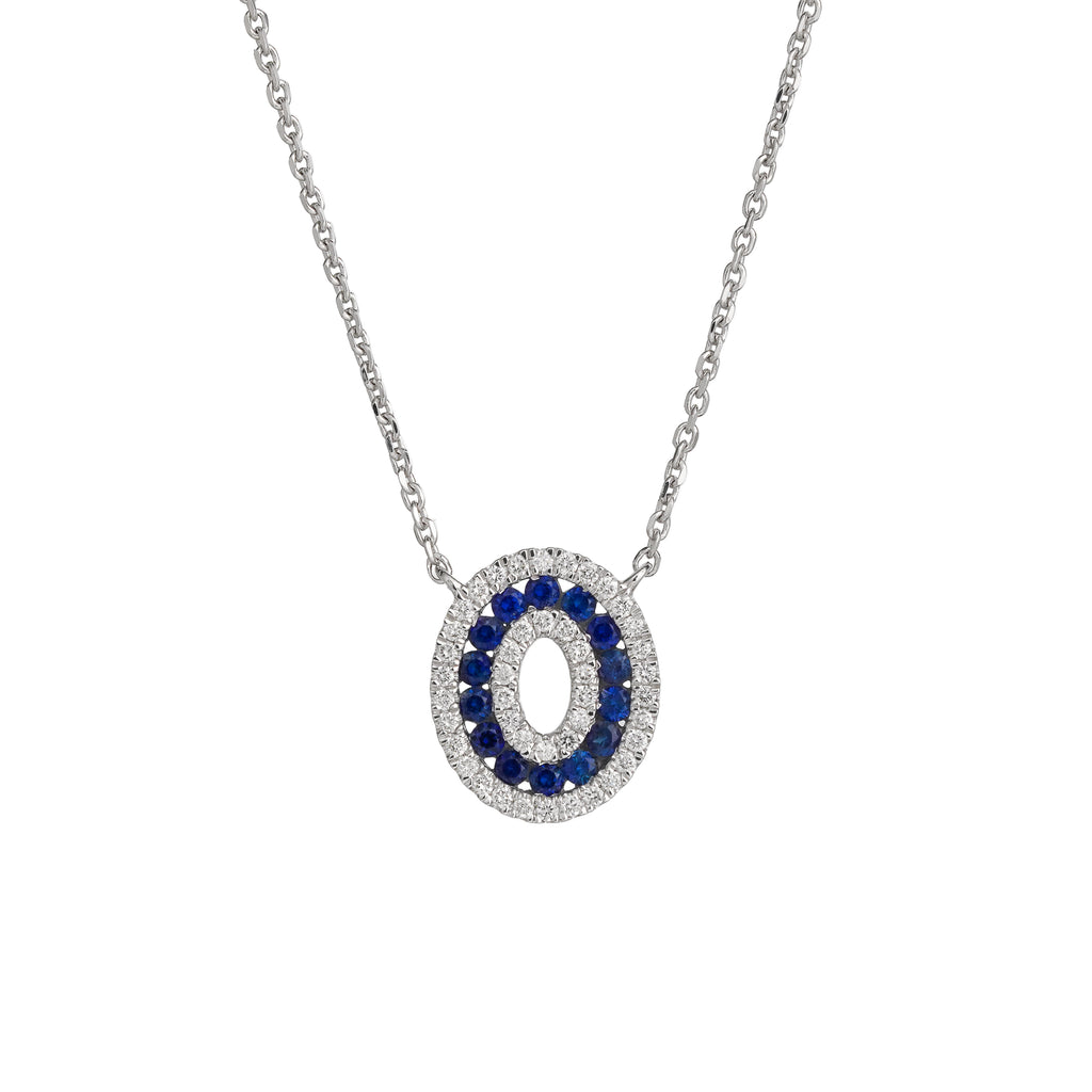 Lab Grown Diamond & Blue Sapphire Double Halo Oval Pendant Necklace (0.22 CT) in 10K/14K/18K Gold
