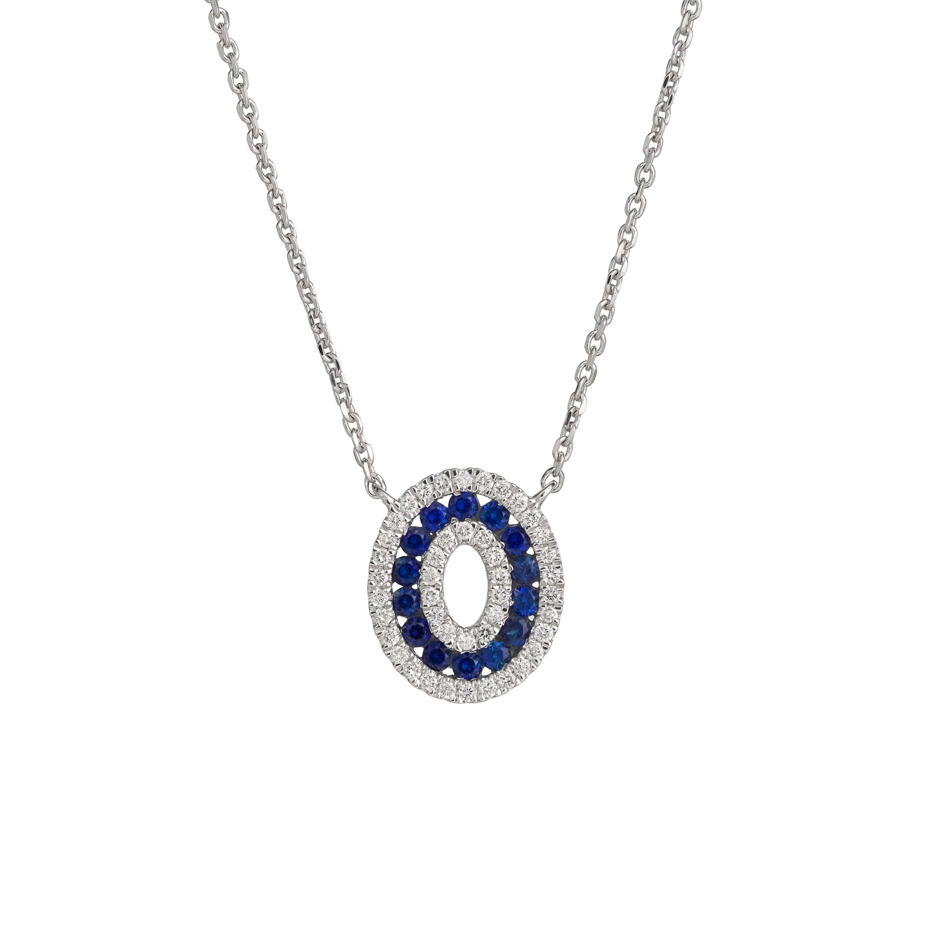Lab Grown Diamond & Blue Sapphire Double Halo Oval Pendant Necklace (0.22 CT) in 10K/14K/18K Gold