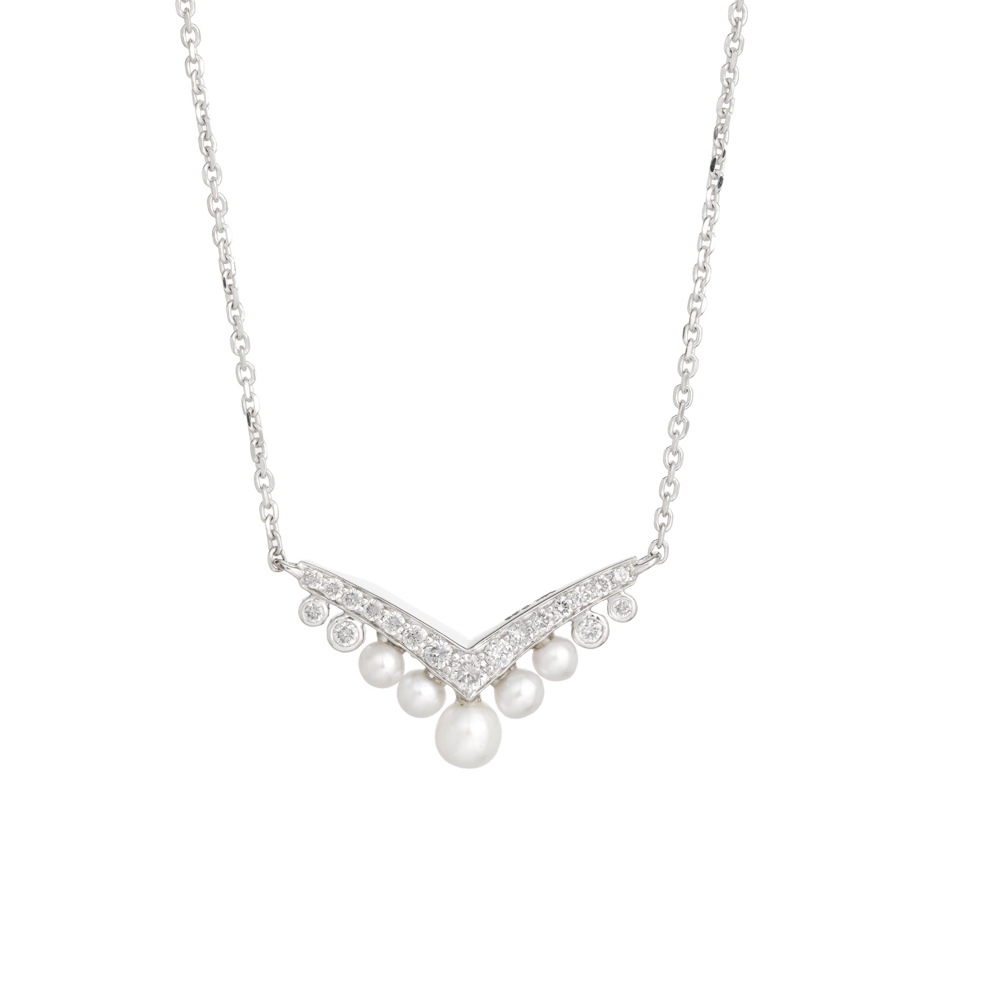 Lab Grown Diamond & Pearl V Shape Necklace (0.23 CT) in 10K/14K/18K Gold – Elegant Diamond Pearl Pendant