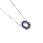 Lab Grown Diamond & Blue Sapphire Double Halo Oval Pendant Necklace (0.22 CT) in 10K/14K/18K Gold