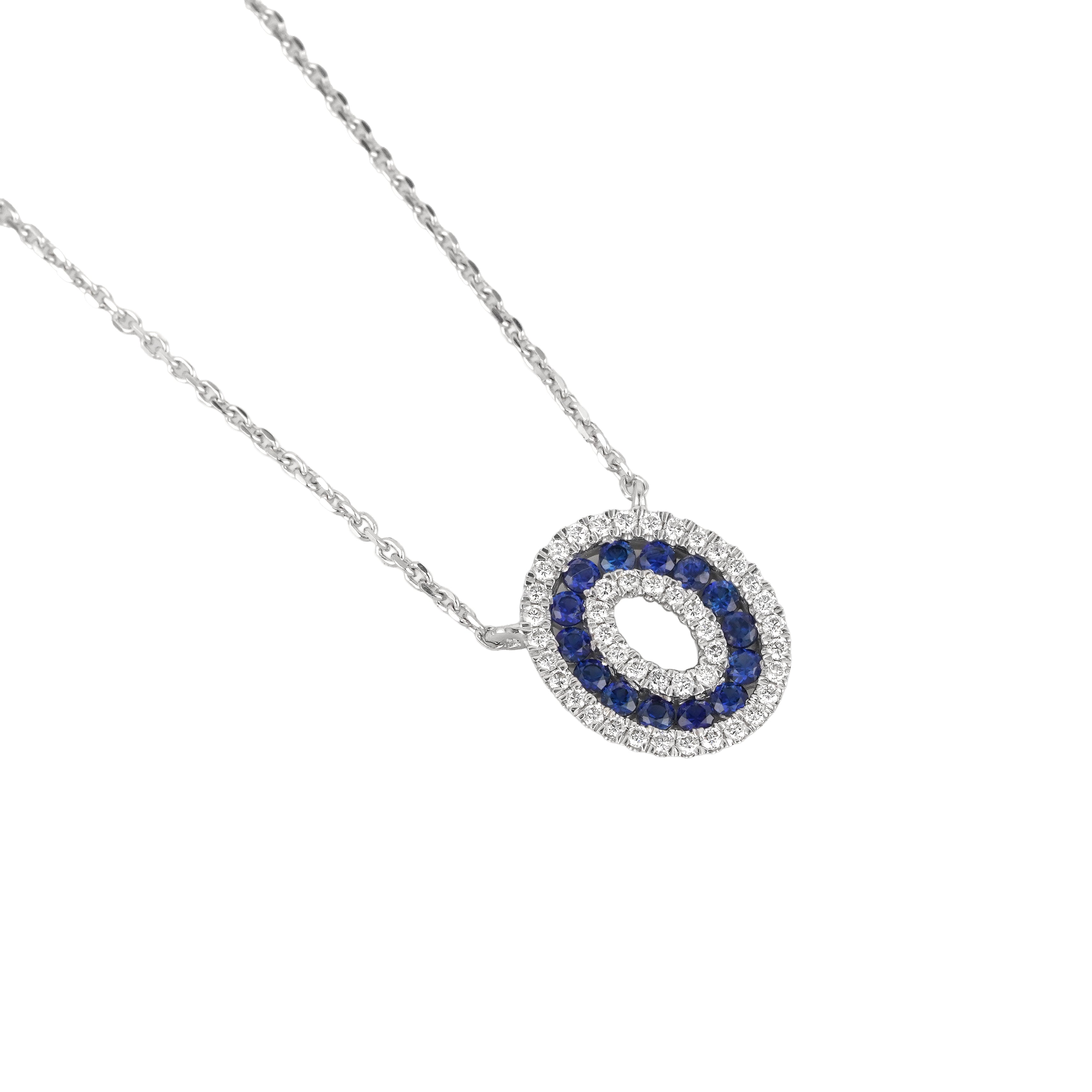 Lab Grown Diamond & Blue Sapphire Double Halo Oval Pendant Necklace (0.22 CT) in 10K/14K/18K Gold