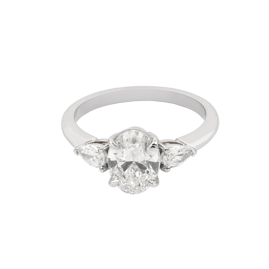 2.5 CT Lab Grown Diamond Three-Stone Ring – Oval Cut Center with Pear Side Stones – VVS EF – 14K/18K Gold Engagement Ring