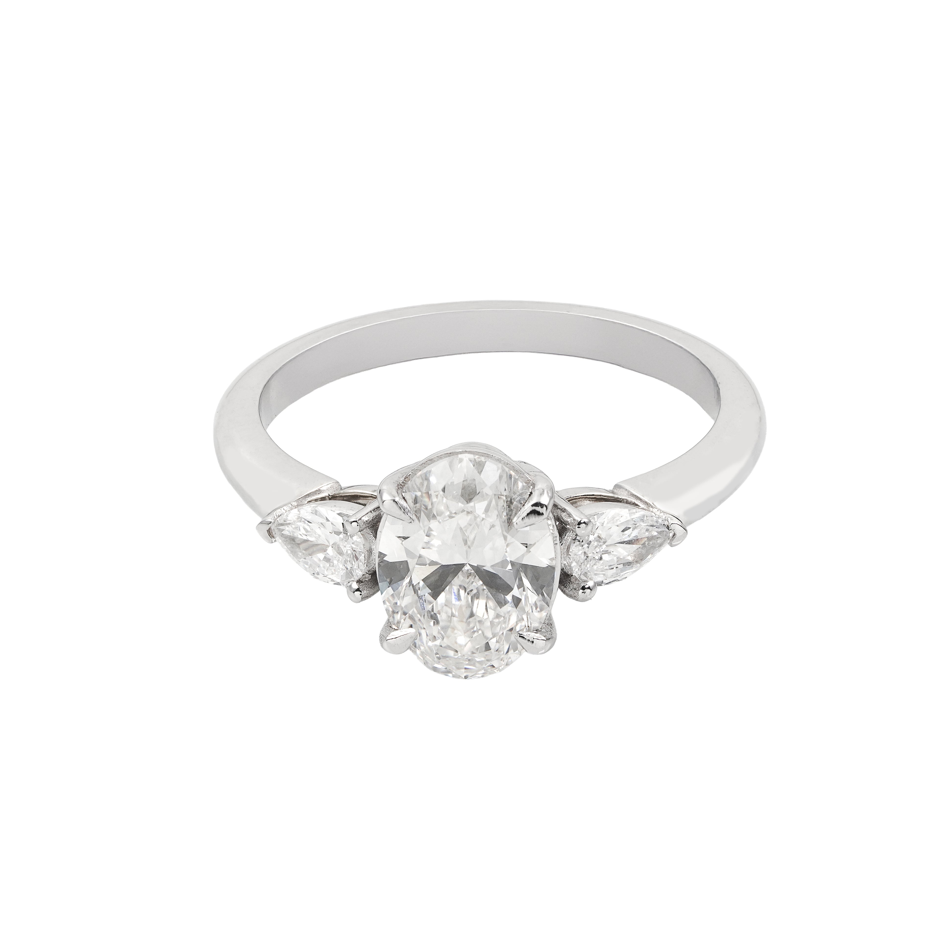 2.5 CT Lab Grown Diamond Three-Stone Ring – Oval Cut Center with Pear Side Stones – VVS EF – 14K/18K Gold Engagement Ring