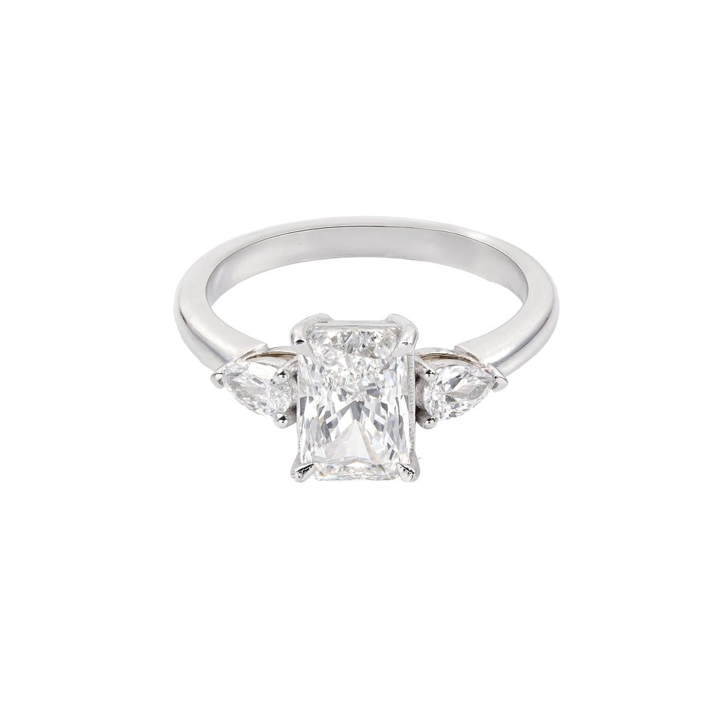 2.5 CT Lab Grown Diamond Three-Stone Ring – Radiant Cut Center with Pear Side Stones – VVS EF – 14K/18K Gold Engagement Ring