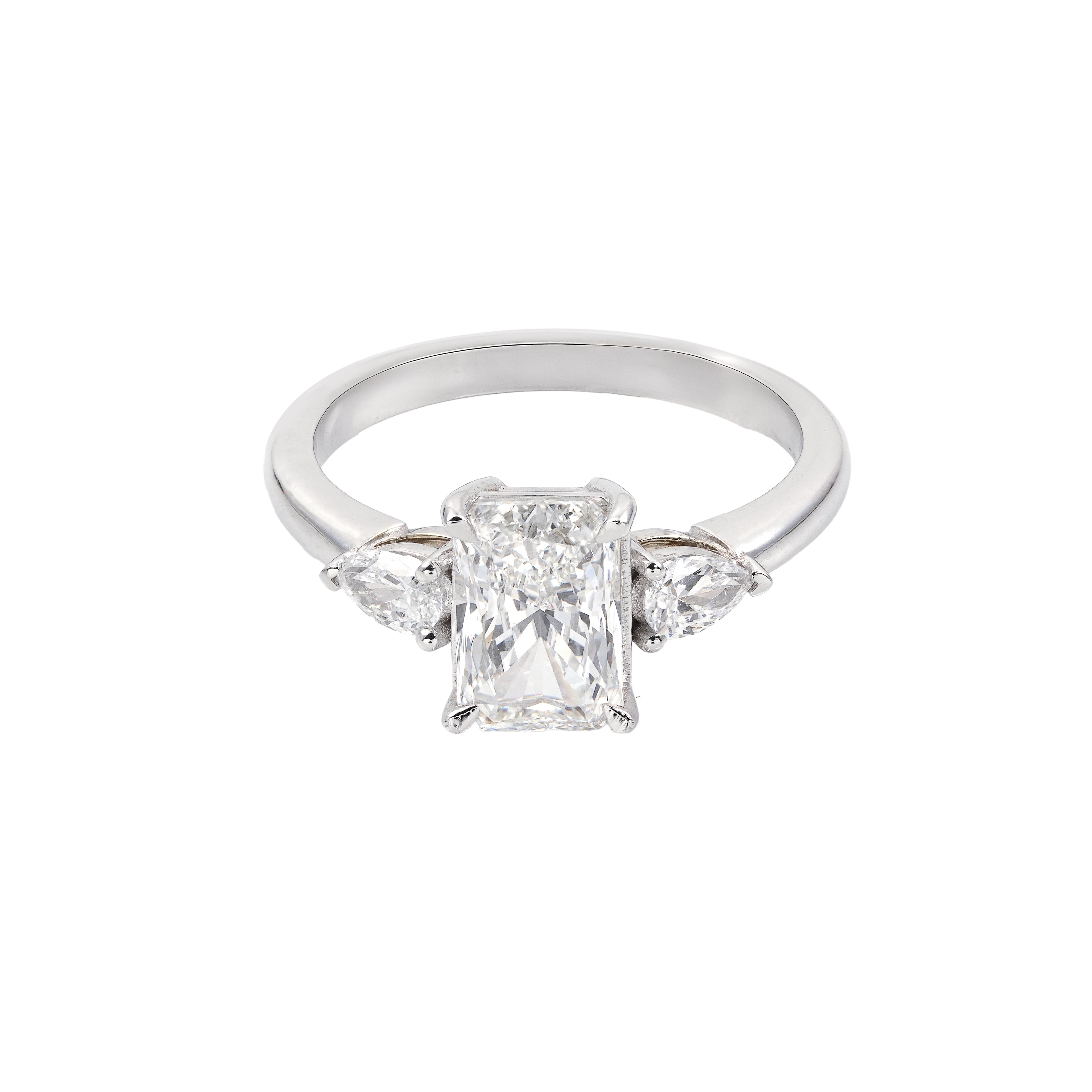 2.5 CT Lab Grown Diamond Three-Stone Ring – Radiant Cut Center with Pear Side Stones – VVS EF – 14K/18K Gold Engagement Ring