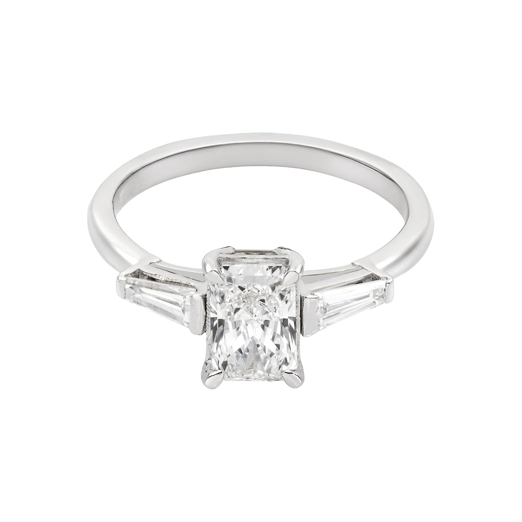 1.9 CT Lab Grown Diamond Three-Stone Ring – Radiant Cut Center with Baguette Side Stones – VVS EF – 14K/18K Gold Engagement Ring