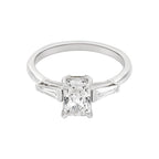 1.9 CT Lab Grown Diamond Three-Stone Ring – Radiant Cut Center with Baguette Side Stones – VVS EF – 14K/18K Gold Engagement Ring