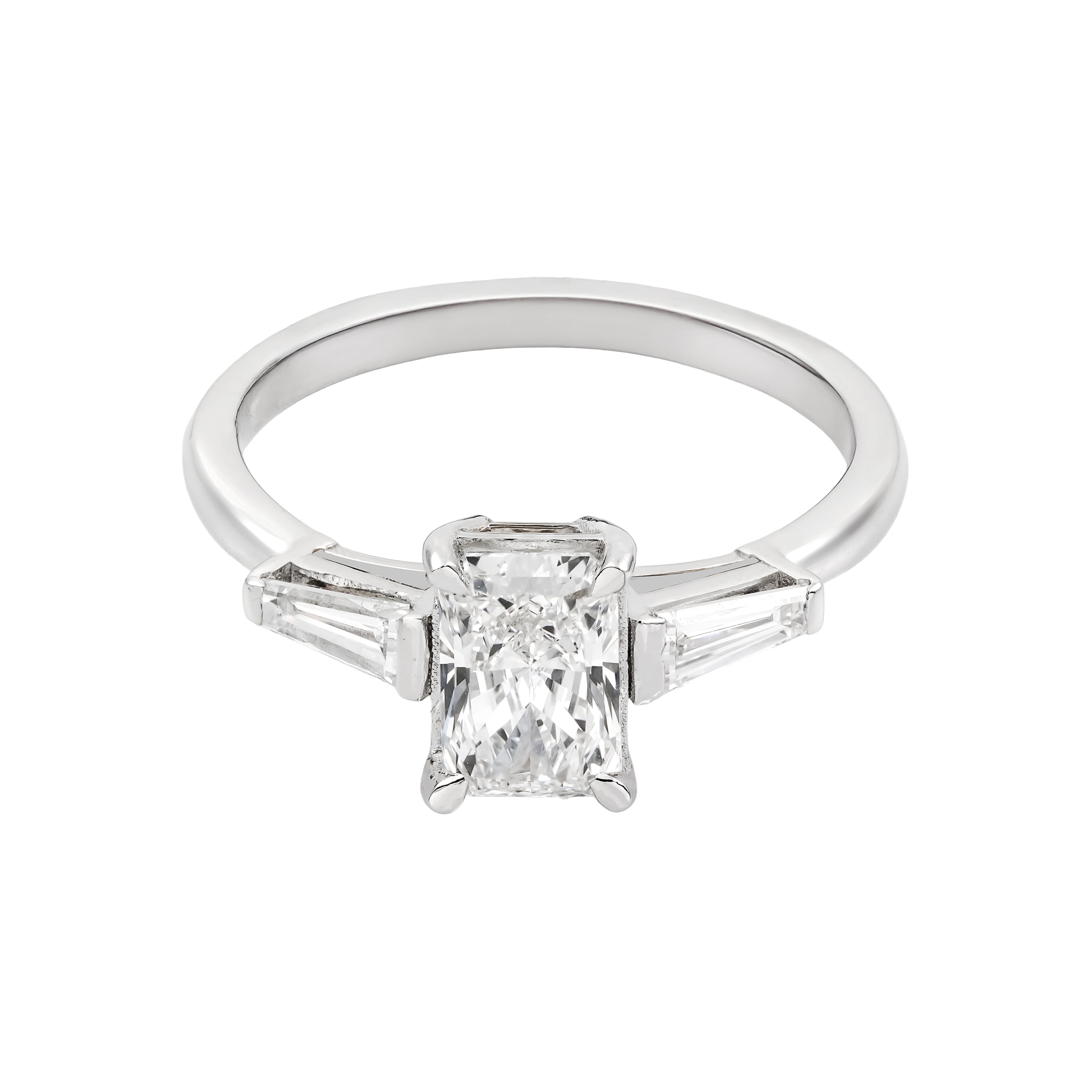 1.9 CT Lab Grown Diamond Three-Stone Ring – Radiant Cut Center with Baguette Side Stones – VVS EF – 14K/18K Gold Engagement Ring