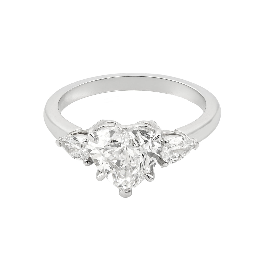 2.5 CT Lab Grown Diamond Three-Stone Ring – Heart Cut Center with Pear Side Stones – VVS EF – 14K/18K Gold Engagement Ring