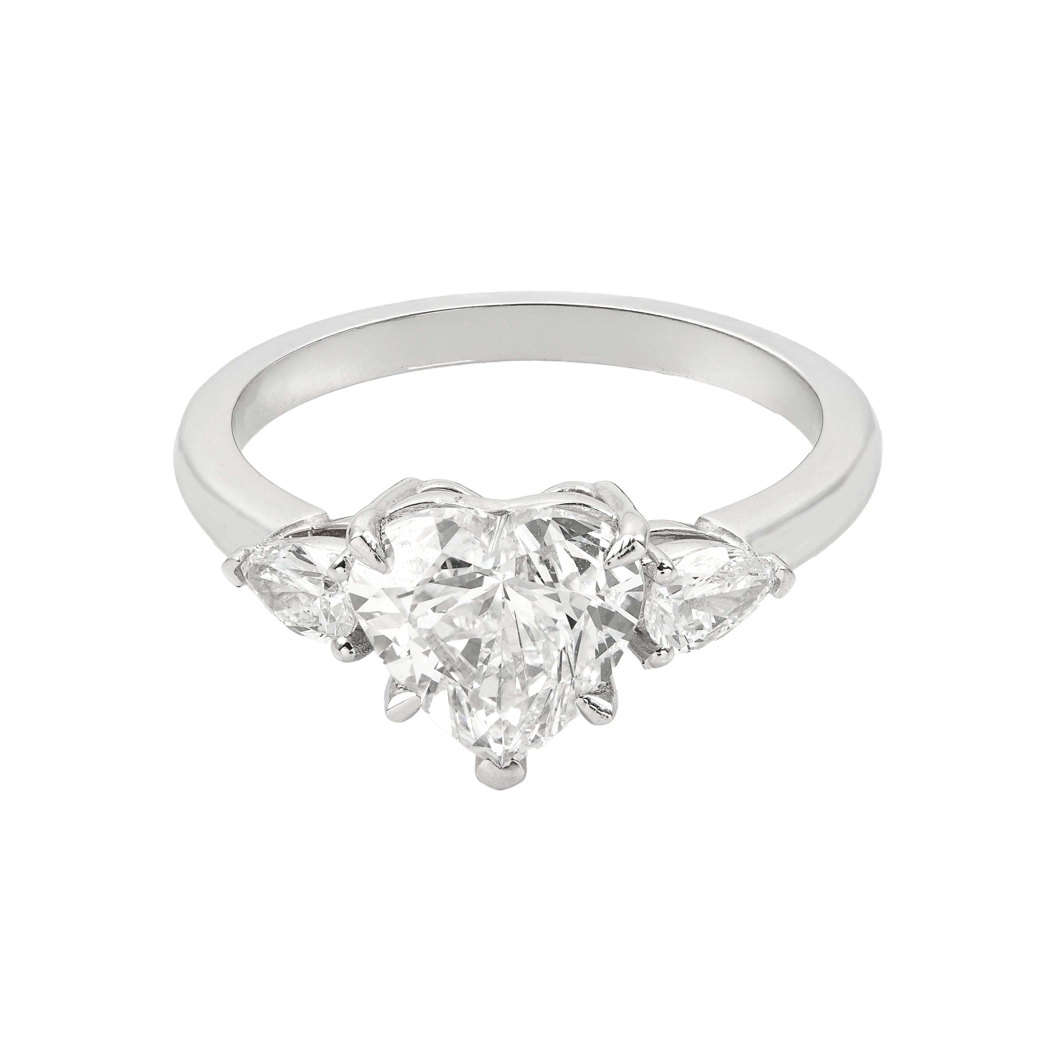 2.5 CT Lab Grown Diamond Three-Stone Ring – Heart Cut Center with Pear Side Stones – VVS EF – 14K/18K Gold Engagement Ring