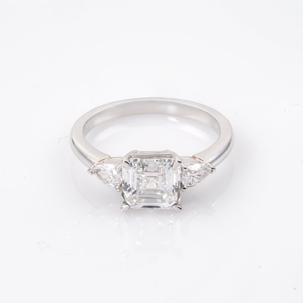 2.5 CT Lab Grown Diamond Three Stone Ring – Asscher Cut Center with Pear Side Stones – VVS EF – 14K/18K Gold Engagement Ring