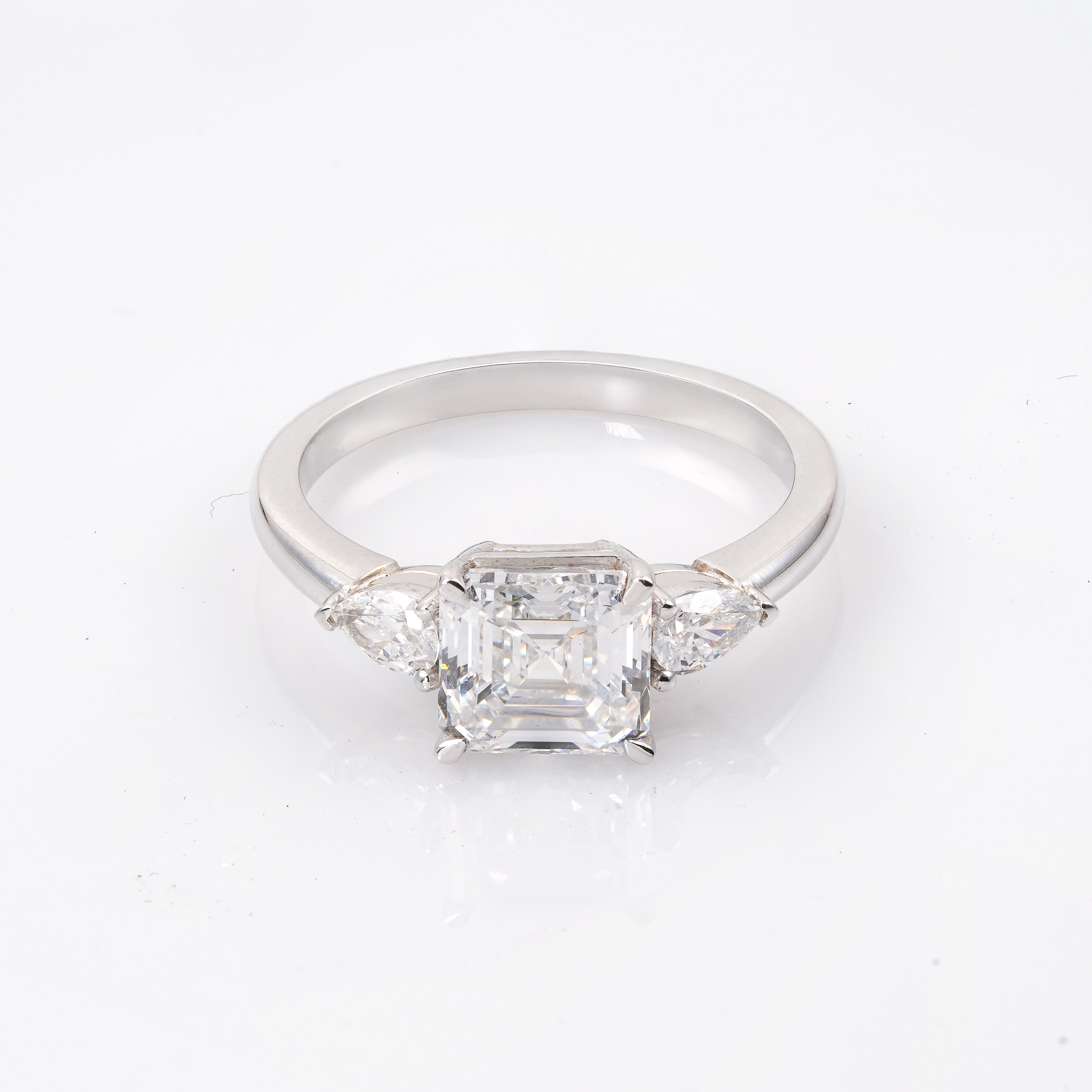 2.5 CT Lab Grown Diamond Three Stone Ring – Asscher Cut Center with Pear Side Stones – VVS EF – 14K/18K Gold Engagement Ring