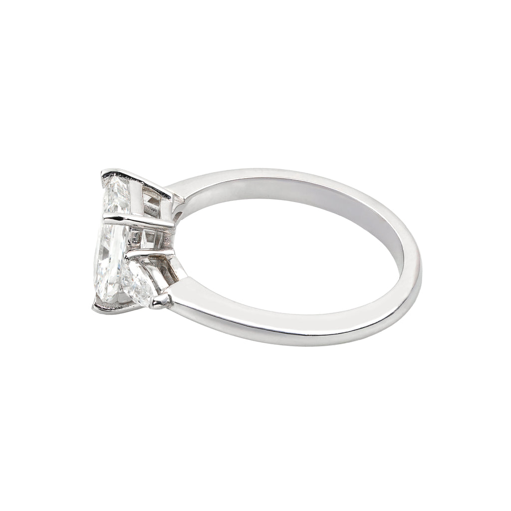 2.5 CT Lab Grown Diamond Three-Stone Ring – Radiant Cut Center with Pear Side Stones – VVS EF – 14K/18K Gold Engagement Ring