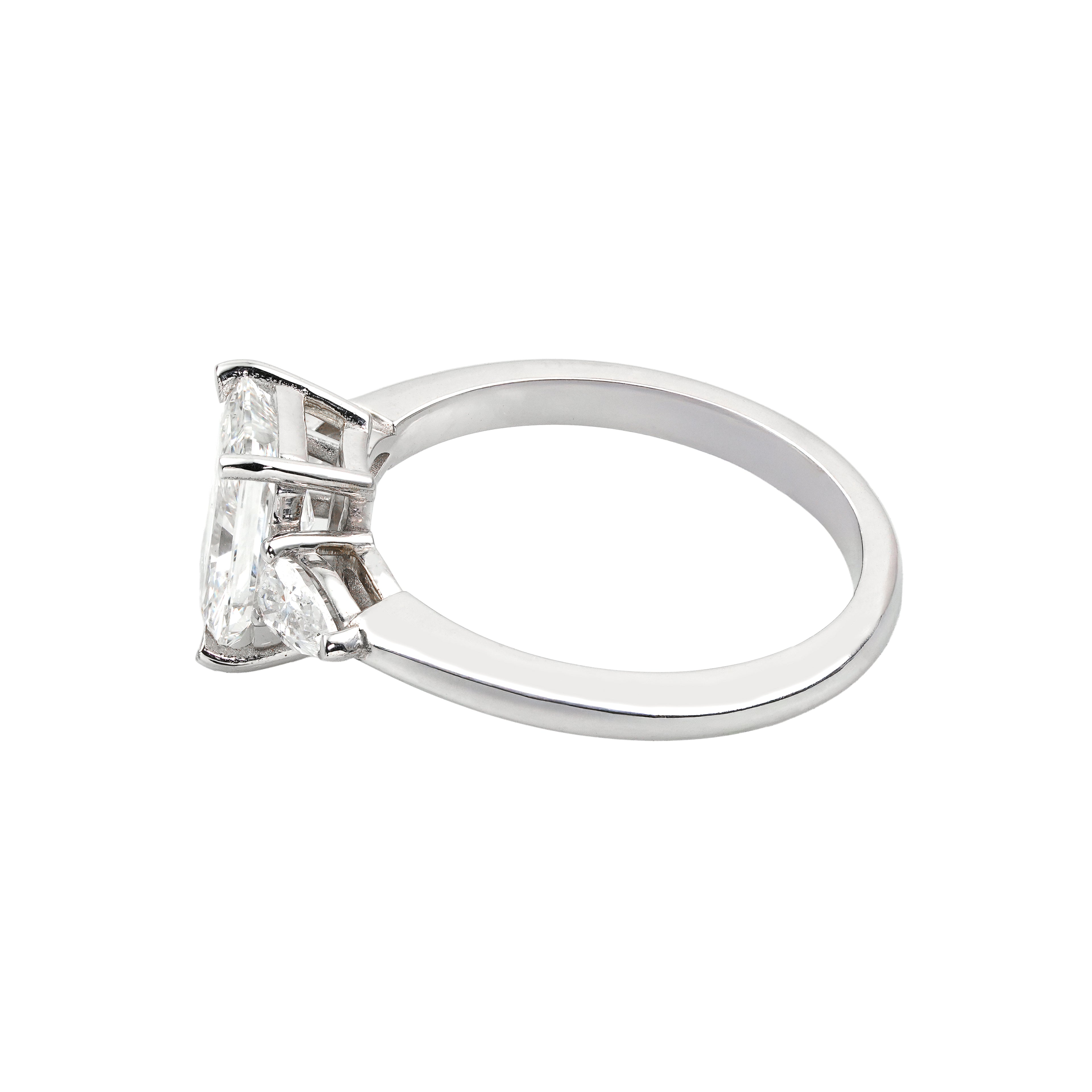 2.5 CT Lab Grown Diamond Three-Stone Ring – Radiant Cut Center with Pear Side Stones – VVS EF – 14K/18K Gold Engagement Ring