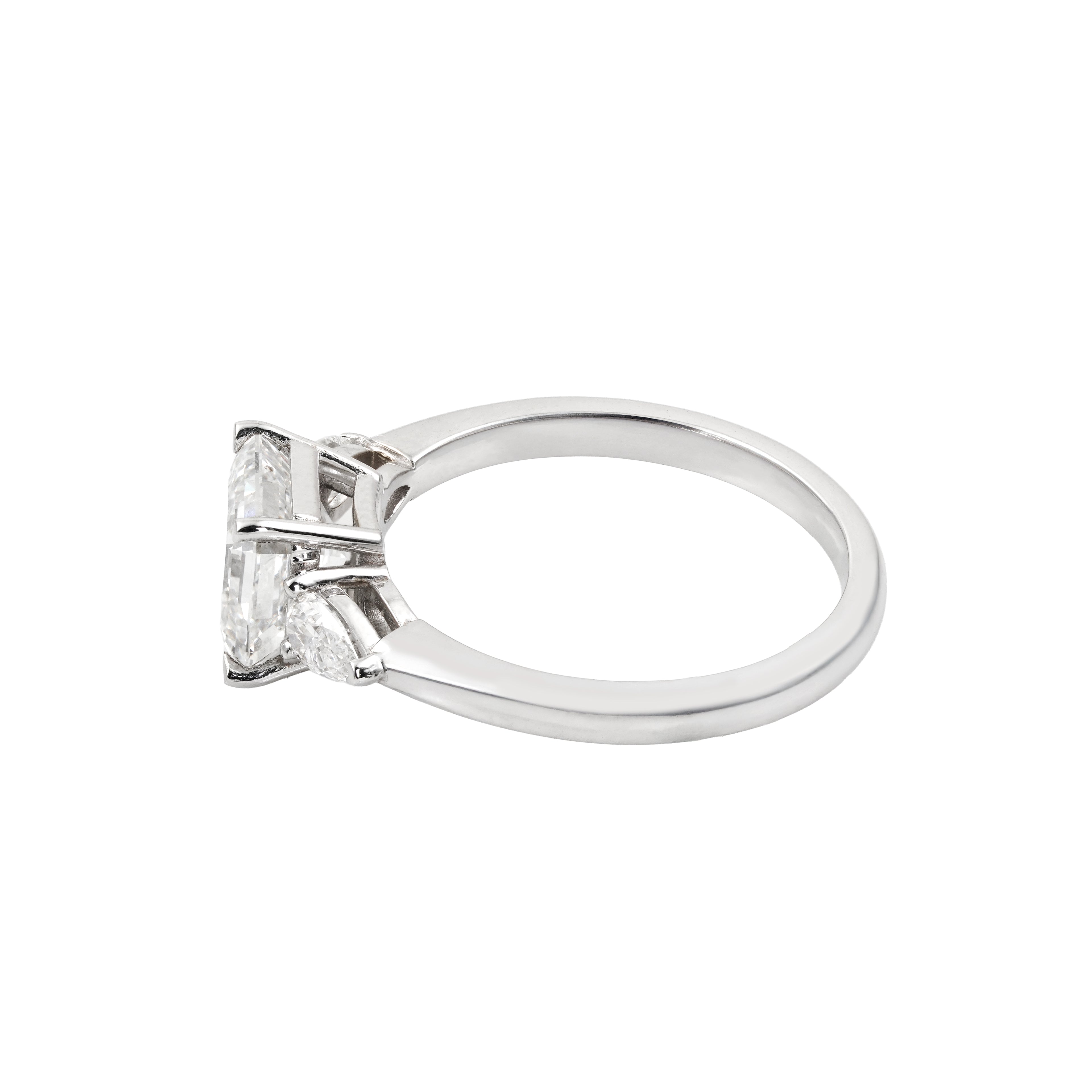 2.5 CT Lab Grown Diamond Three Stone Ring – Asscher Cut Center with Pear Side Stones – VVS EF – 14K/18K Gold Engagement Ring
