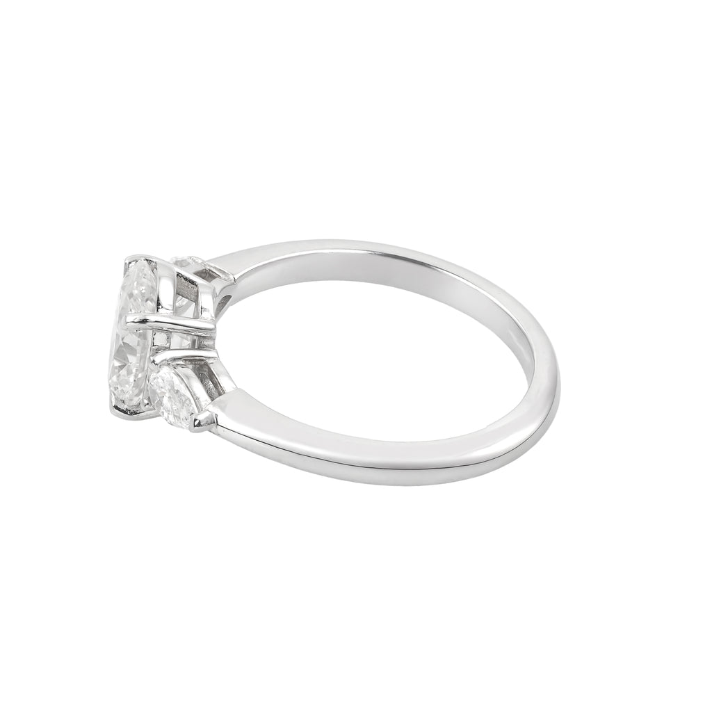 2.5 CT Lab Grown Diamond Three-Stone Ring – Oval Cut Center with Pear Side Stones – VVS EF – 14K/18K Gold Engagement Ring