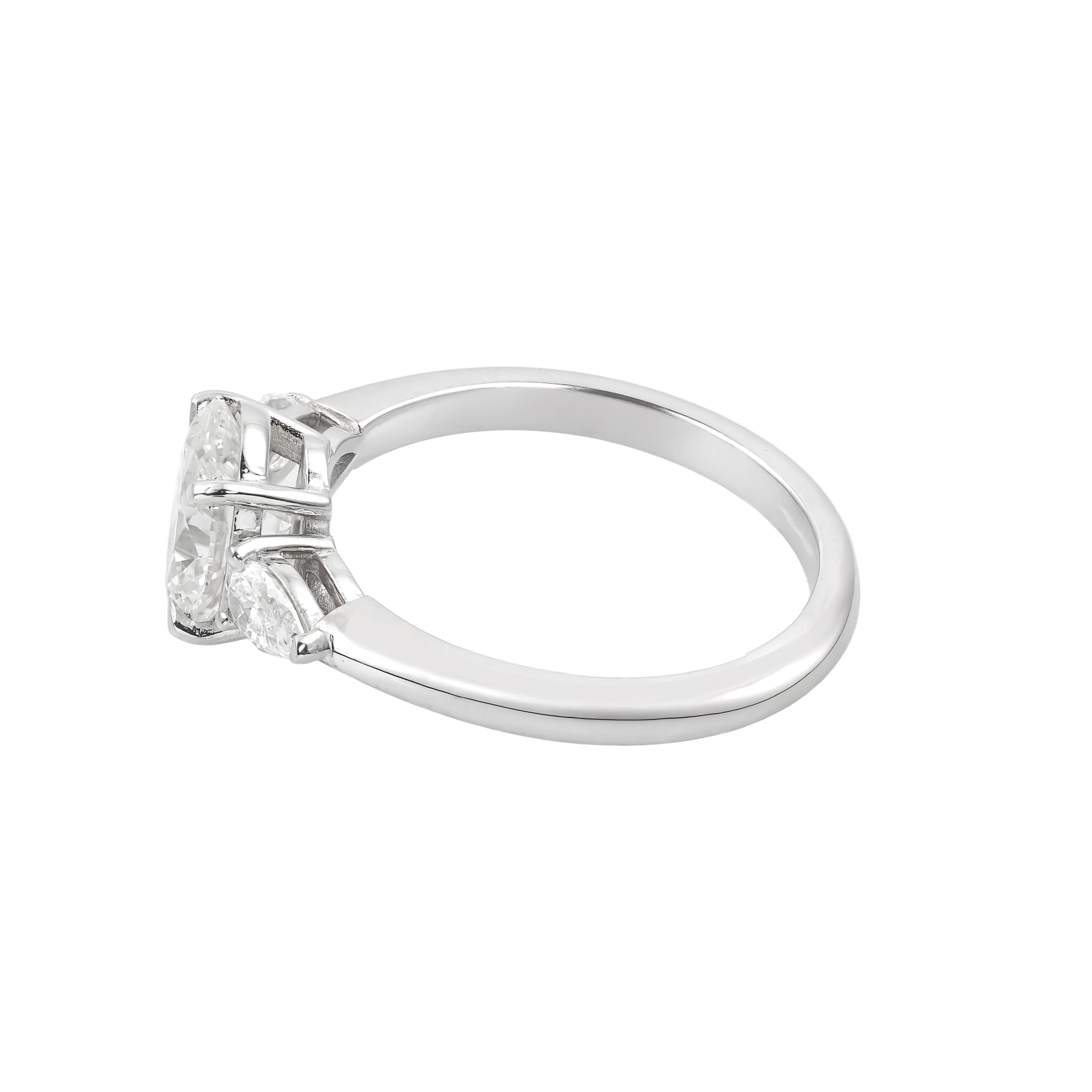 2.5 CT Lab Grown Diamond Three-Stone Ring – Oval Cut Center with Pear Side Stones – VVS EF – 14K/18K Gold Engagement Ring