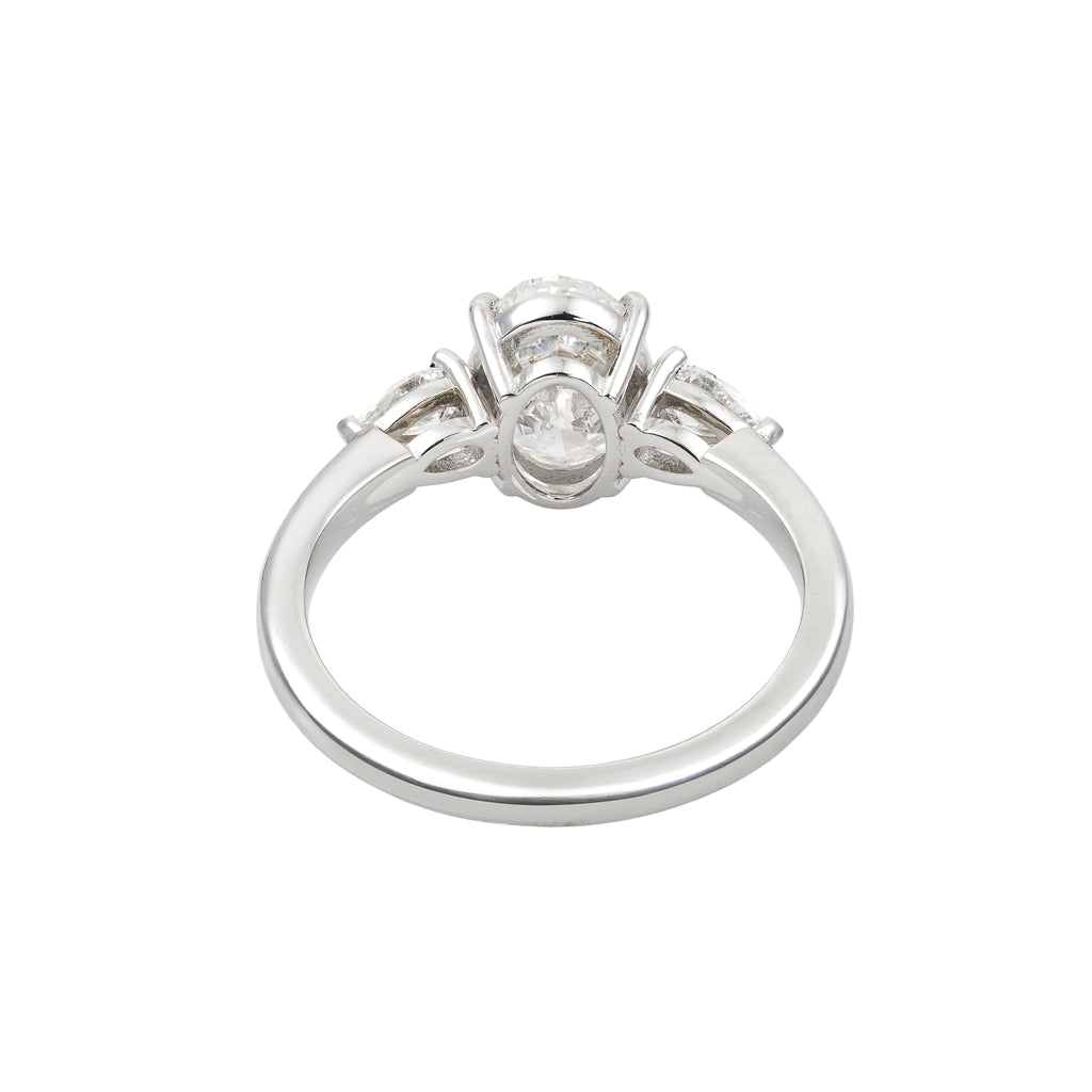 2.5 CT Lab Grown Diamond Three-Stone Ring – Oval Cut Center with Pear Side Stones – VVS EF – 14K/18K Gold Engagement Ring