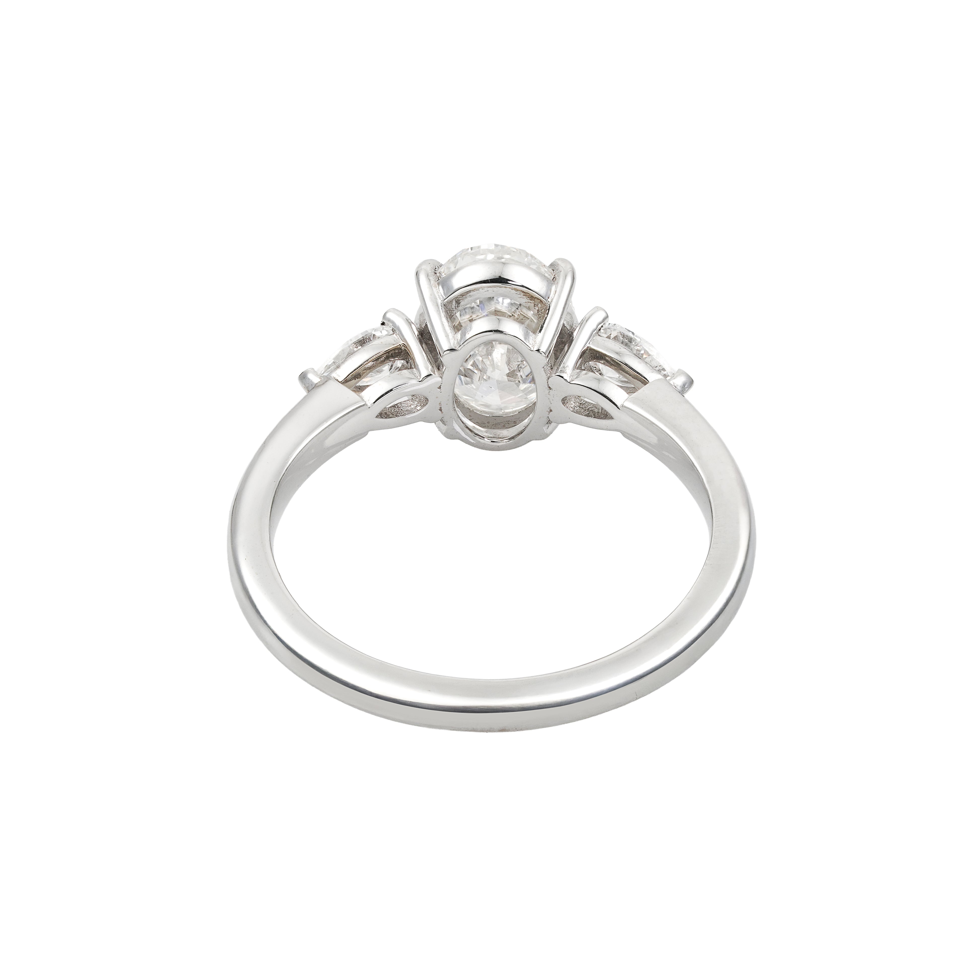 2.5 CT Lab Grown Diamond Three-Stone Ring – Oval Cut Center with Pear Side Stones – VVS EF – 14K/18K Gold Engagement Ring