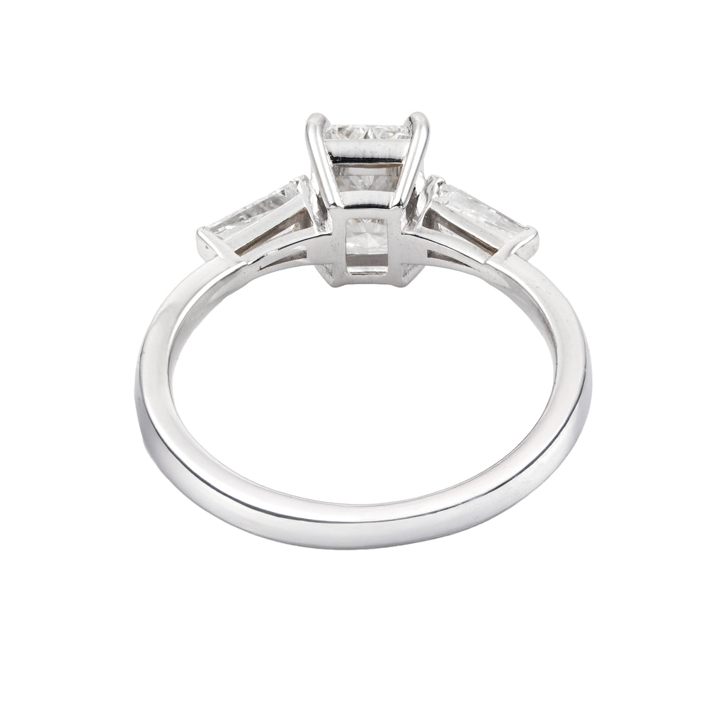 1.9 CT Lab Grown Diamond Three-Stone Ring – Radiant Cut Center with Baguette Side Stones – VVS EF – 14K/18K Gold Engagement Ring