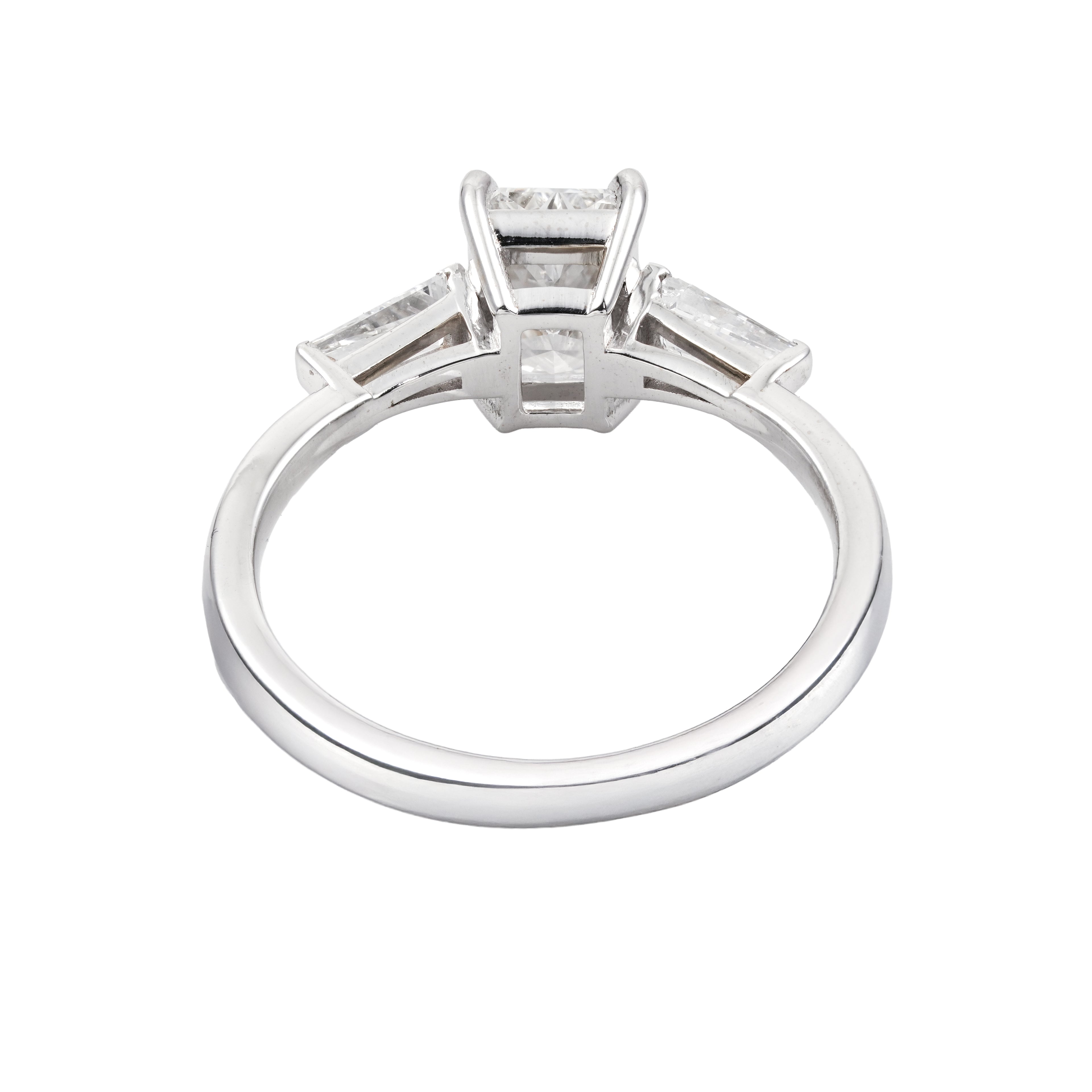 1.9 CT Lab Grown Diamond Three-Stone Ring – Radiant Cut Center with Baguette Side Stones – VVS EF – 14K/18K Gold Engagement Ring