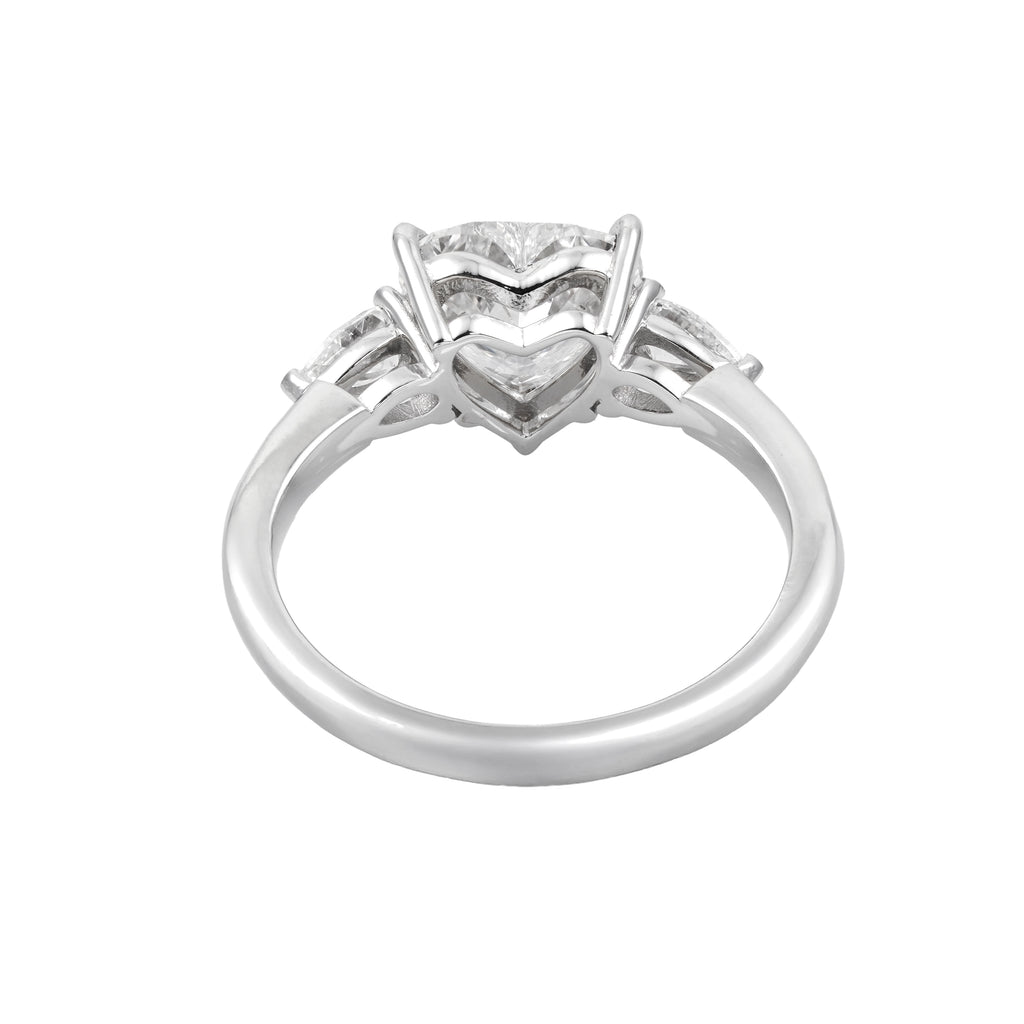 2.5 CT Lab Grown Diamond Three-Stone Ring – Heart Cut Center with Pear Side Stones – VVS EF – 14K/18K Gold Engagement Ring