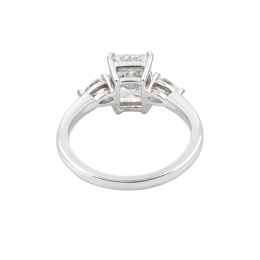 2.5 CT Lab Grown Diamond Three-Stone Ring – Radiant Cut Center with Pear Side Stones – VVS EF – 14K/18K Gold Engagement Ring