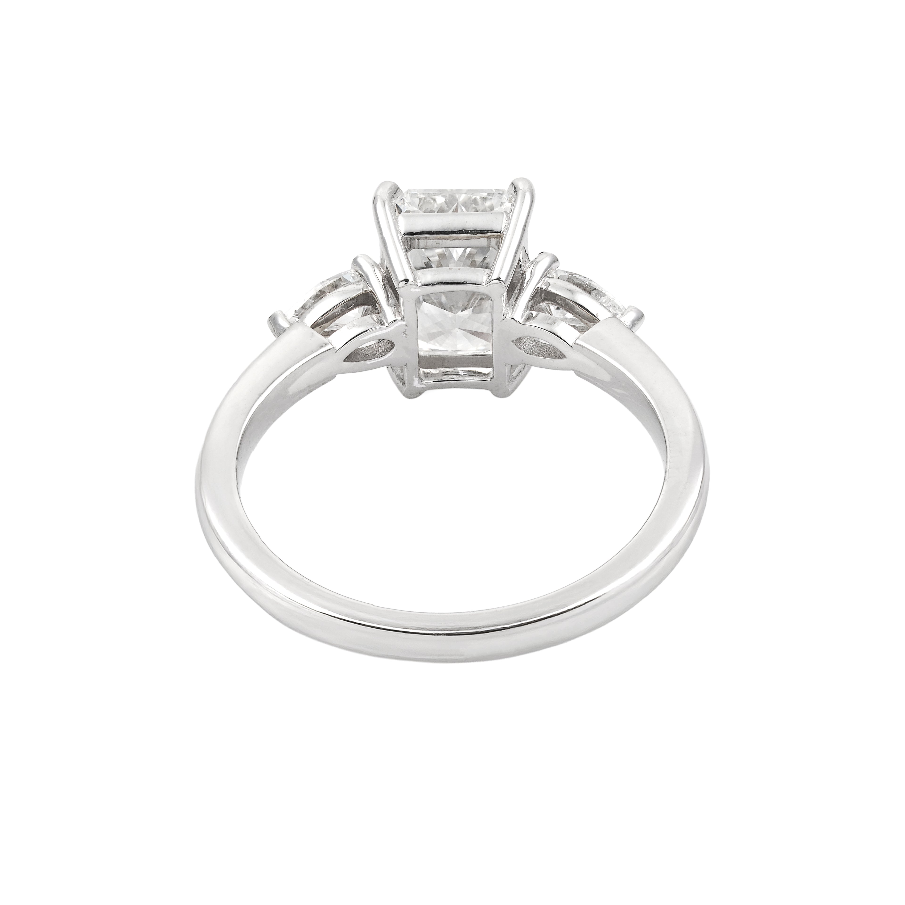 2.5 CT Lab Grown Diamond Three-Stone Ring – Radiant Cut Center with Pear Side Stones – VVS EF – 14K/18K Gold Engagement Ring