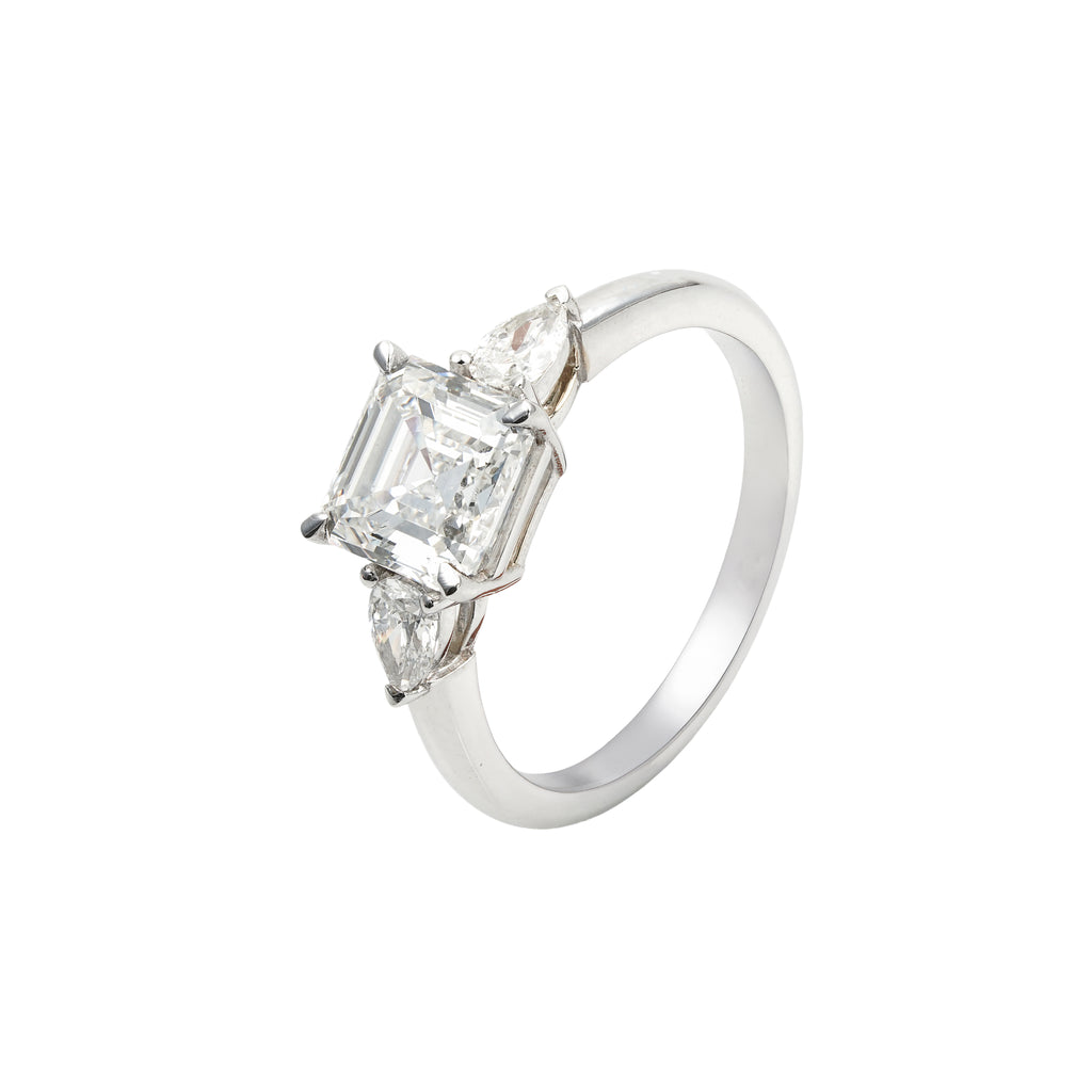 2.5 CT Lab Grown Diamond Three Stone Ring – Asscher Cut Center with Pear Side Stones – VVS EF – 14K/18K Gold Engagement Ring