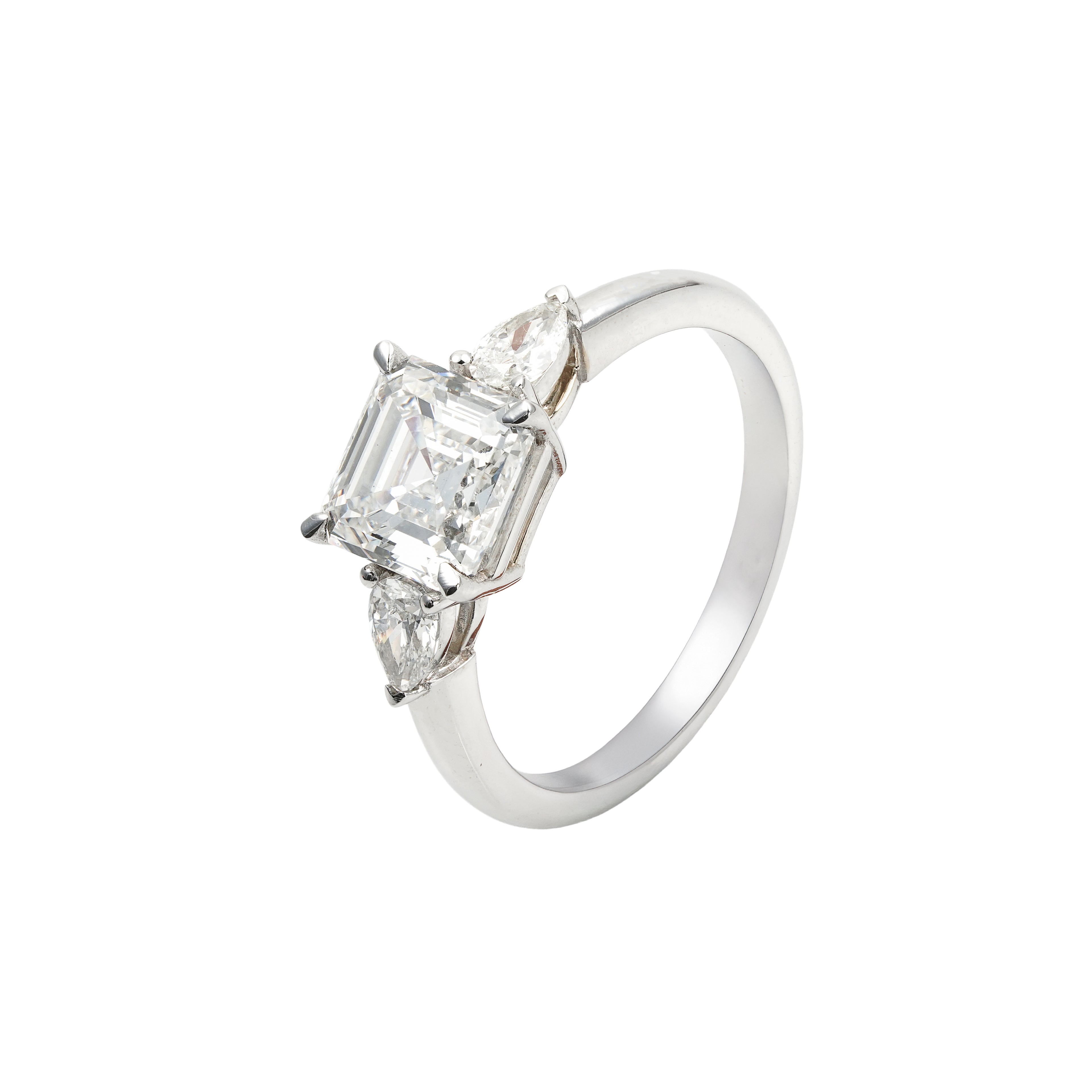 2.5 CT Lab Grown Diamond Three Stone Ring – Asscher Cut Center with Pear Side Stones – VVS EF – 14K/18K Gold Engagement Ring