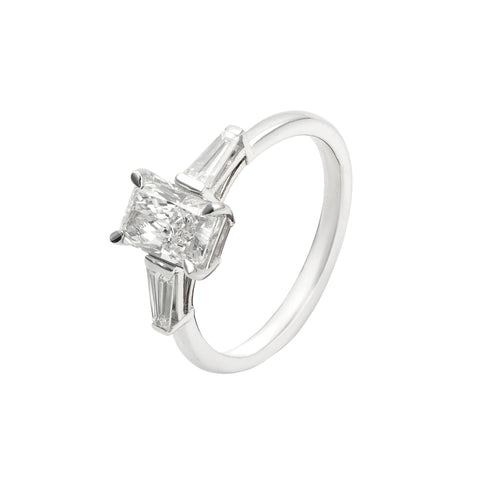 1.9 CT Lab Grown Diamond Three-Stone Ring – Radiant Cut Center with Baguette Side Stones – VVS EF – 14K/18K Gold Engagement Ring