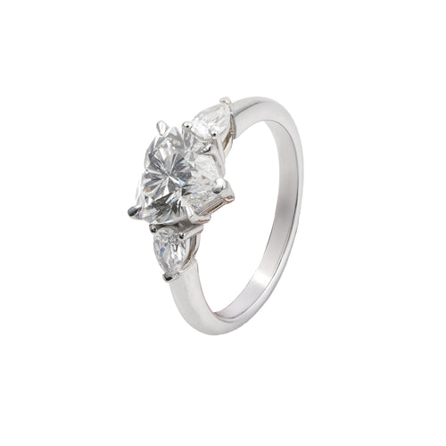 2.5 CT Lab Grown Diamond Three-Stone Ring – Heart Cut Center with Pear Side Stones – VVS EF – 14K/18K Gold Engagement Ring