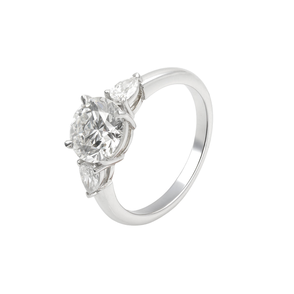 2.6 CT Lab Grown Diamond Three-Stone Ring – Round Cut Center with Trillion Side Stones – VVS EF – 14K/18K Gold Engagement Ring