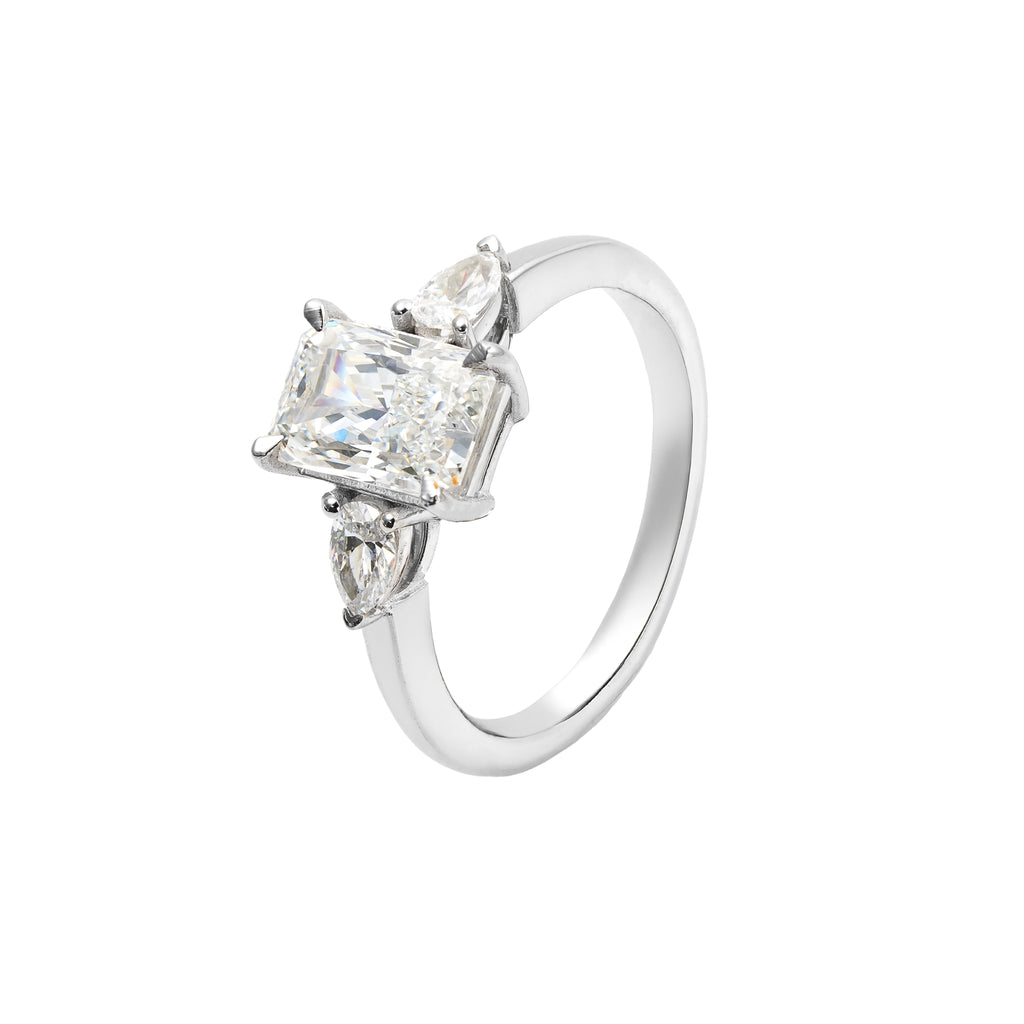 2.5 CT Lab Grown Diamond Three-Stone Ring – Radiant Cut Center with Pear Side Stones – VVS EF – 14K/18K Gold Engagement Ring