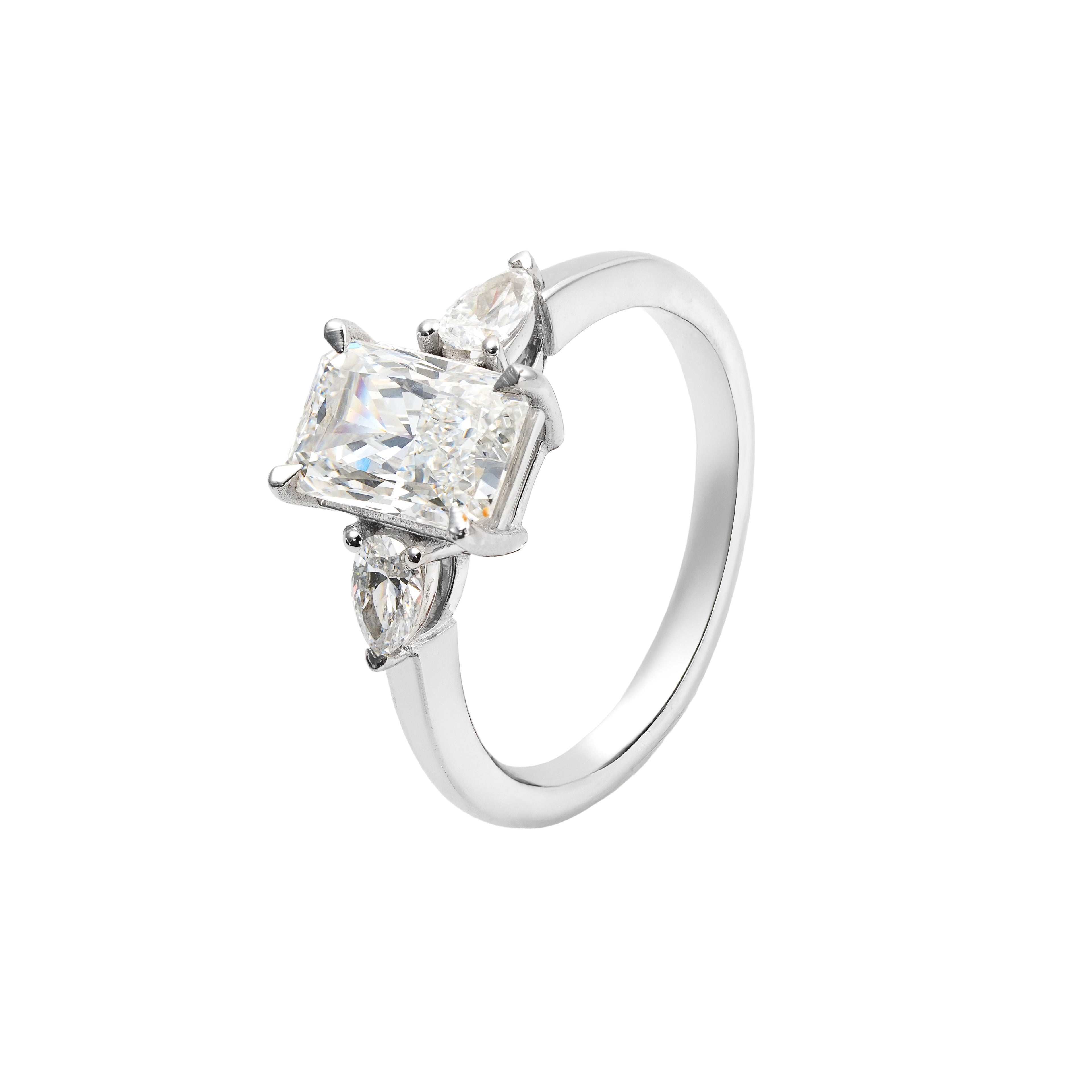 2.5 CT Lab Grown Diamond Three-Stone Ring – Radiant Cut Center with Pear Side Stones – VVS EF – 14K/18K Gold Engagement Ring