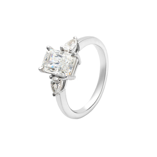 2.5 CT Lab Grown Diamond Three-Stone Ring – Radiant Cut Center with Pear Side Stones – VVS EF – 14K/18K Gold Engagement Ring