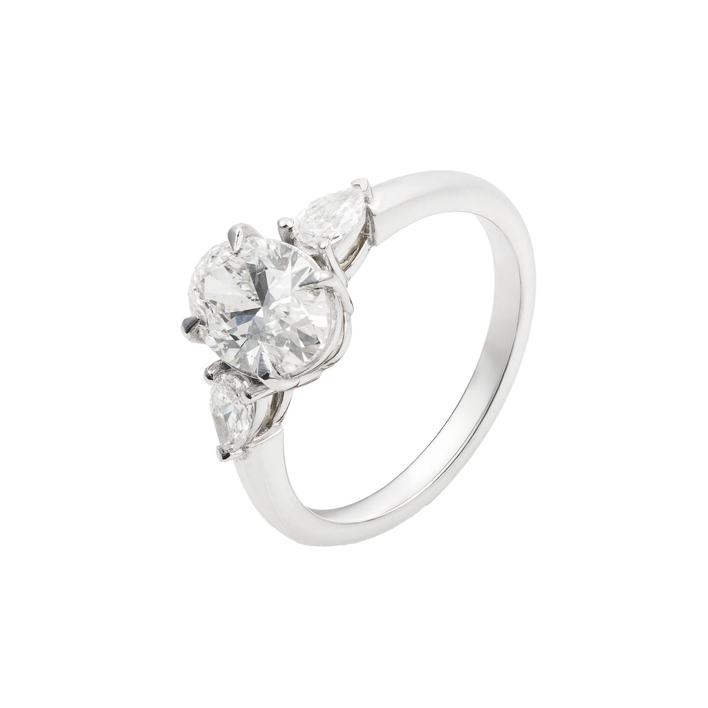 2.5 CT Lab Grown Diamond Three-Stone Ring – Oval Cut Center with Pear Side Stones – VVS EF – 14K/18K Gold Engagement Ring