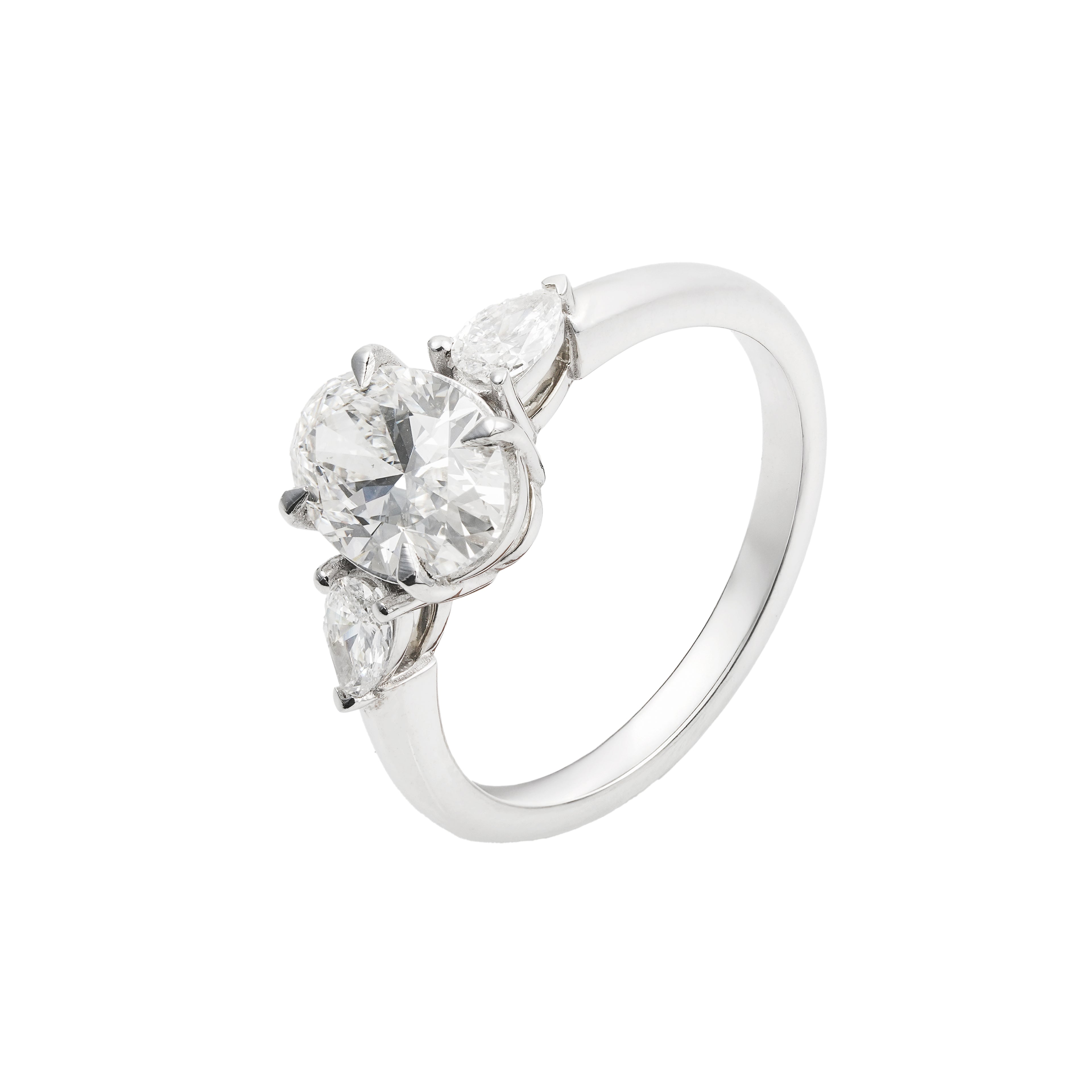 2.5 CT Lab Grown Diamond Three-Stone Ring – Oval Cut Center with Pear Side Stones – VVS EF – 14K/18K Gold Engagement Ring
